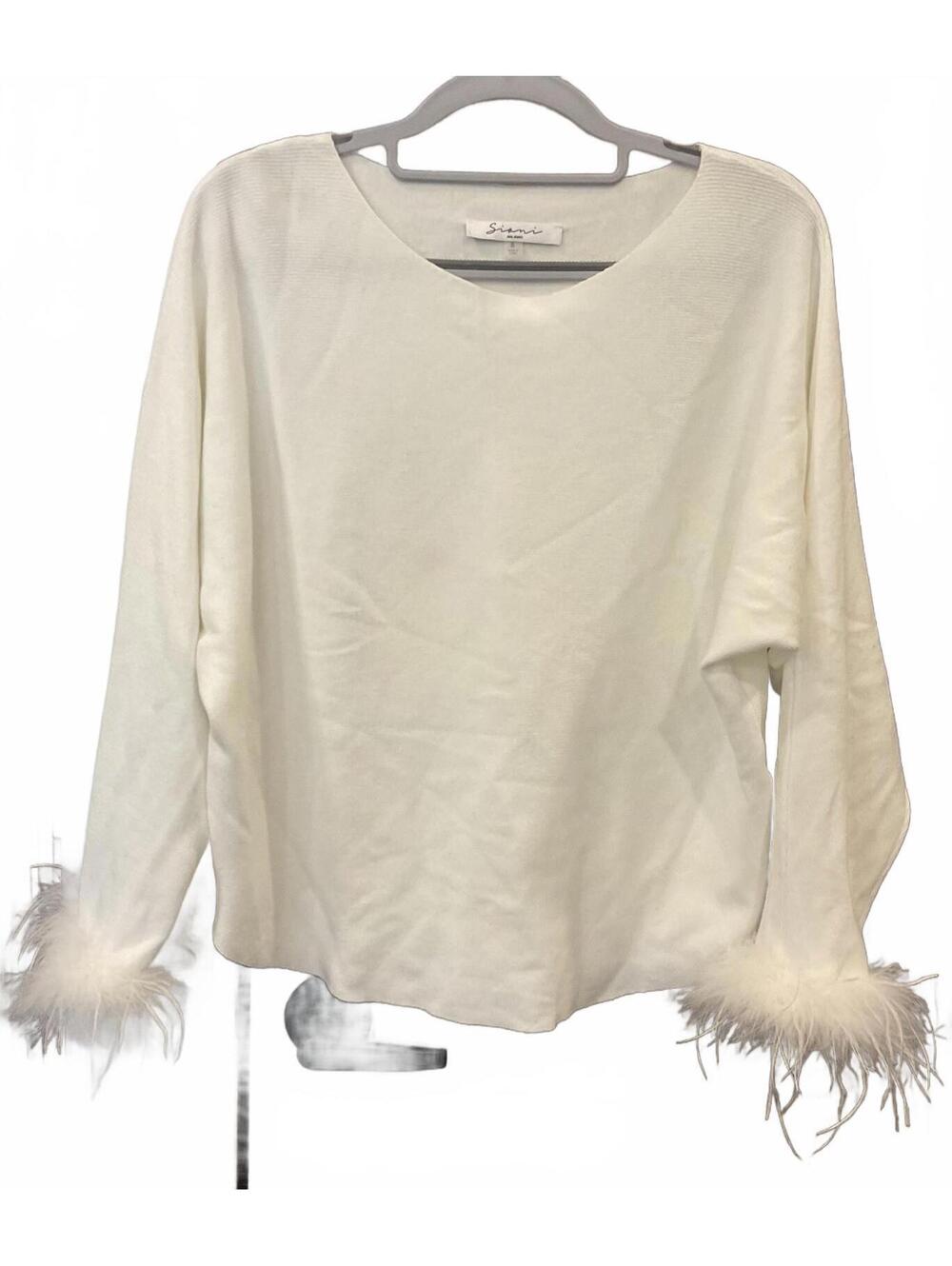 Sioni Milano Womens Ivory Light Sweater W/ Feathers Size Small Spots On Back